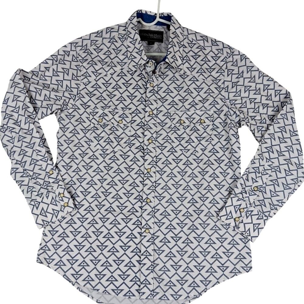 Rock & Roll‎ Cowboy Shirt Mens Large White/Blue Geometric Snaps Western Cowboy